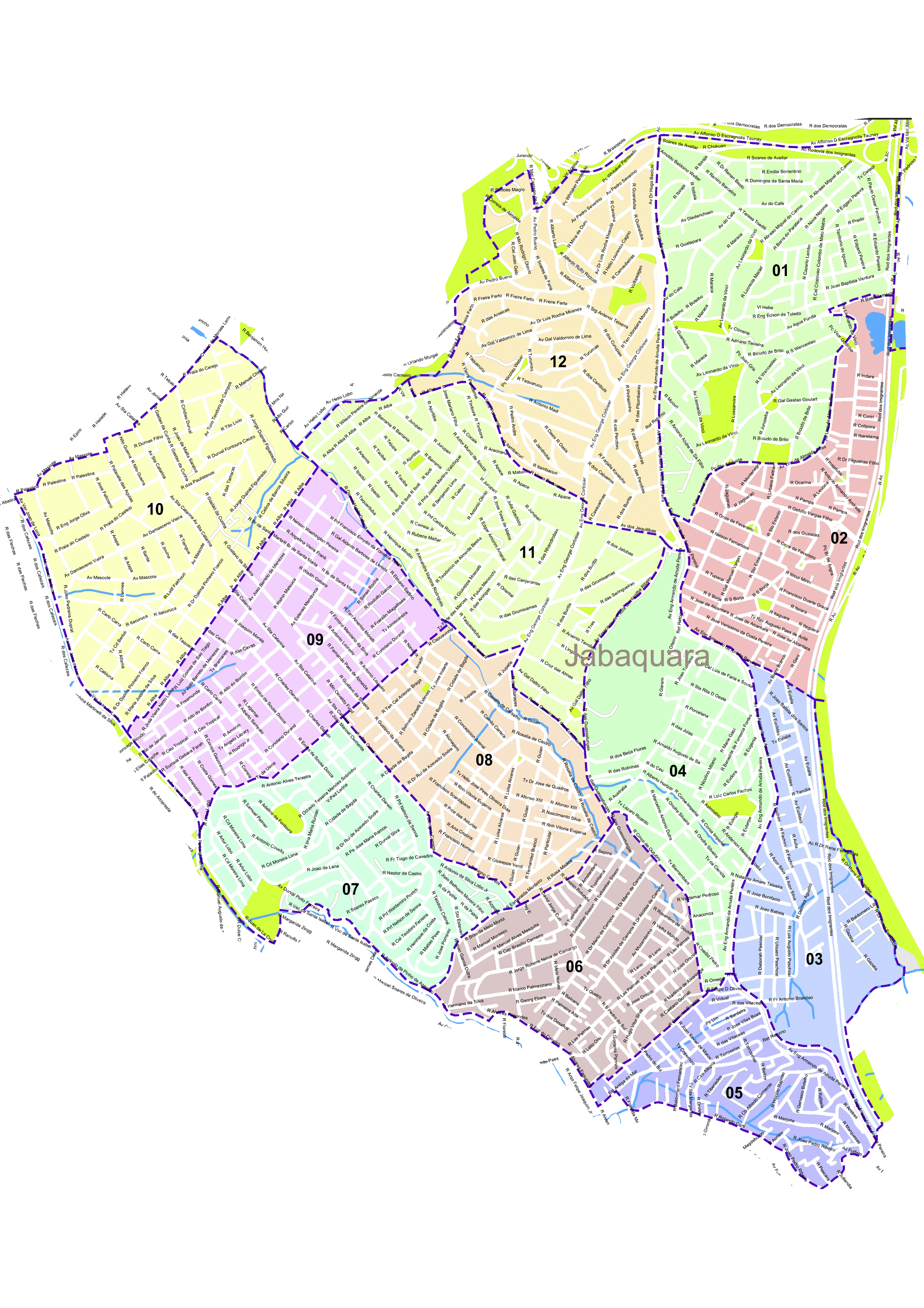 Imagem de um mapa da região do Jabaquara dividido em doze setores 